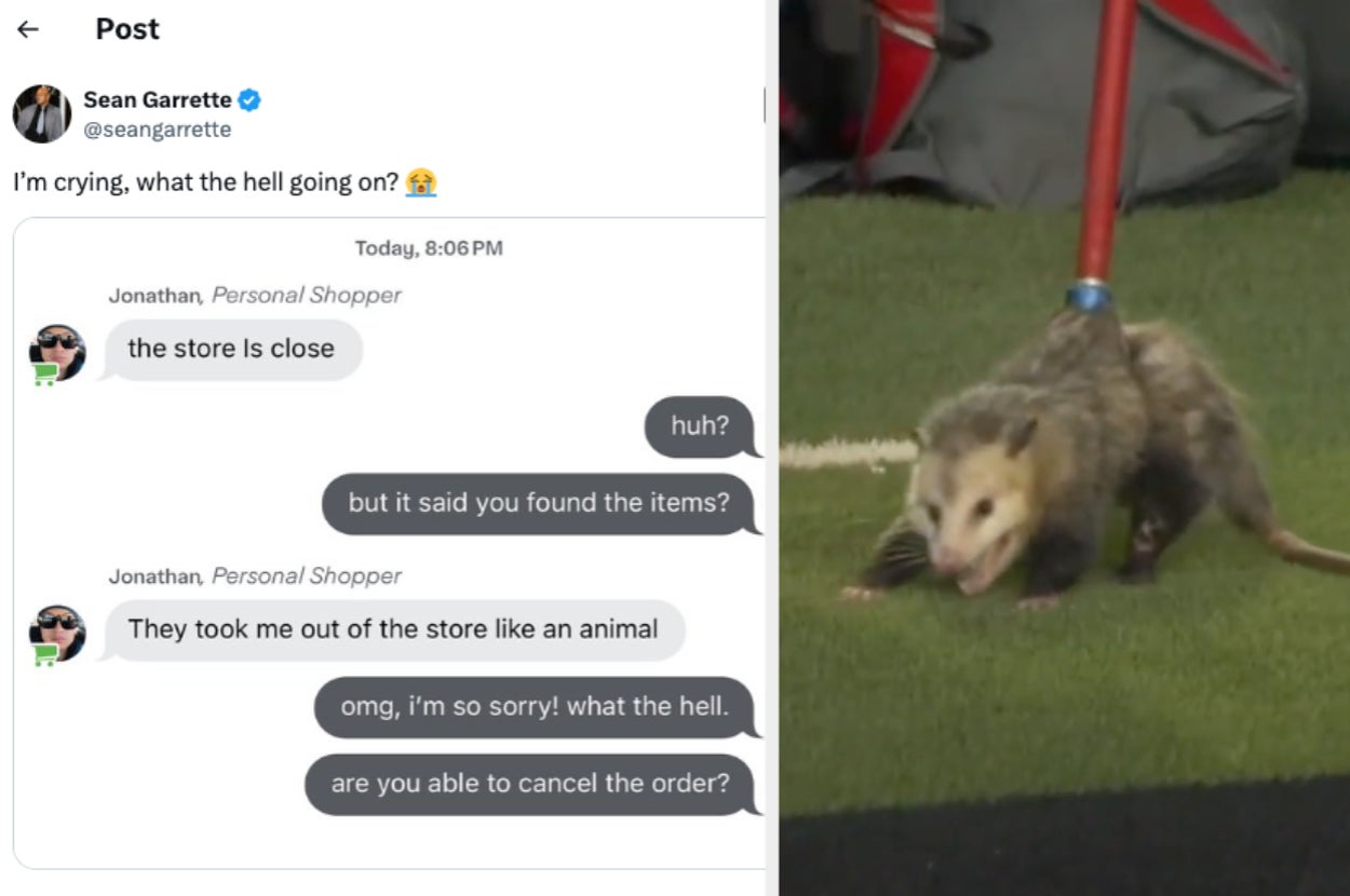 Text exchange about a store closing, juxtaposed with an image of an opossum on artificial turf