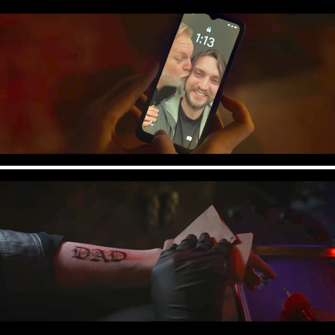  1) Phone displays a selfie of two smiling men. 2) Arm with a fresh "DAD" tattoo being cleaned by a glove-wearing hand