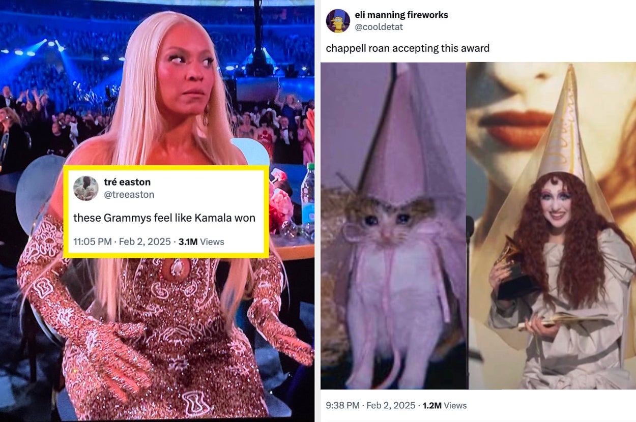 A celebrity in an ornate dress sits at an event. Right side: humorous social media posts, including a cat meme and an award speech