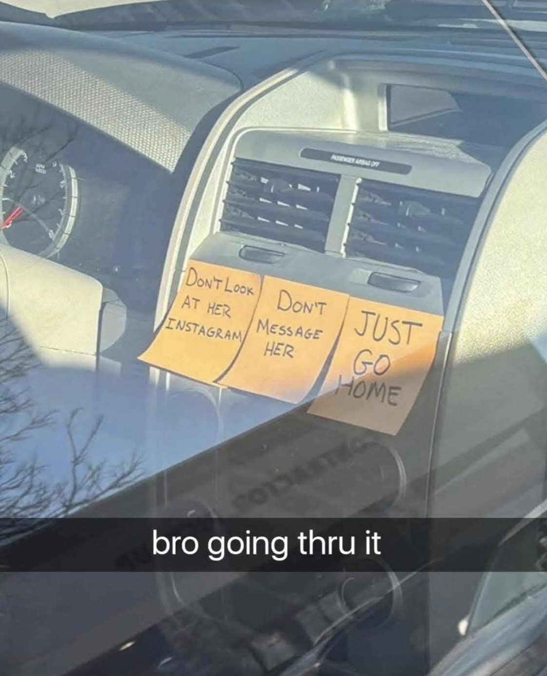  "Don't look   astatine  her Instagram," "Don't connection   her," and "Just spell  home." Caption: "bro going thru it."