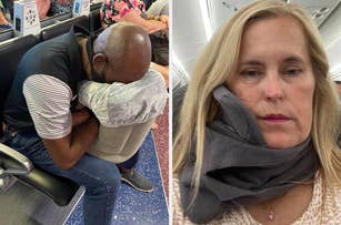 reviewer resting head on an inflatable pillow / reviewer using an ergonomic neck pillow