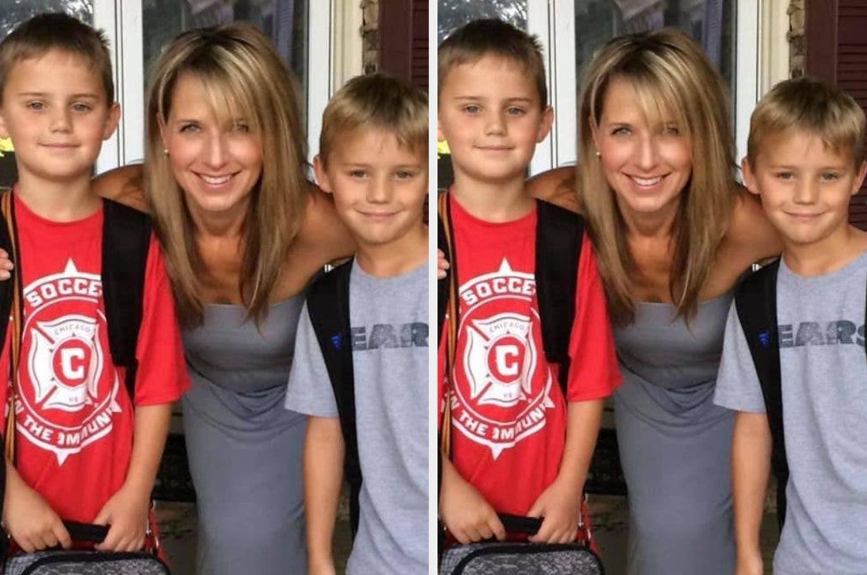 Woman smiling with two boys in soccer-themed shirts, both holding backpacks. They are posing closely for the photo, suggesting a family or close bond