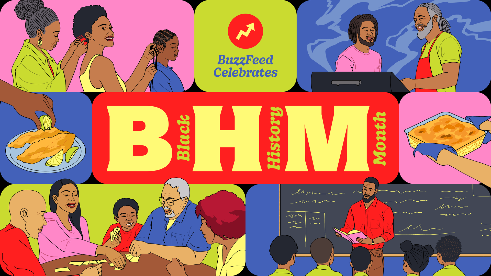 Illustration celebrating Black History Month with scenes of diverse people in education, cooking, and music. Text reads “BuzzFeed Celebrates Black History Month.”