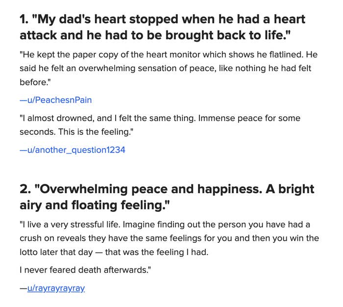 Summary of text: People share experiences of peace during near-death moments, describing it as a sensation of overwhelming peace and happiness