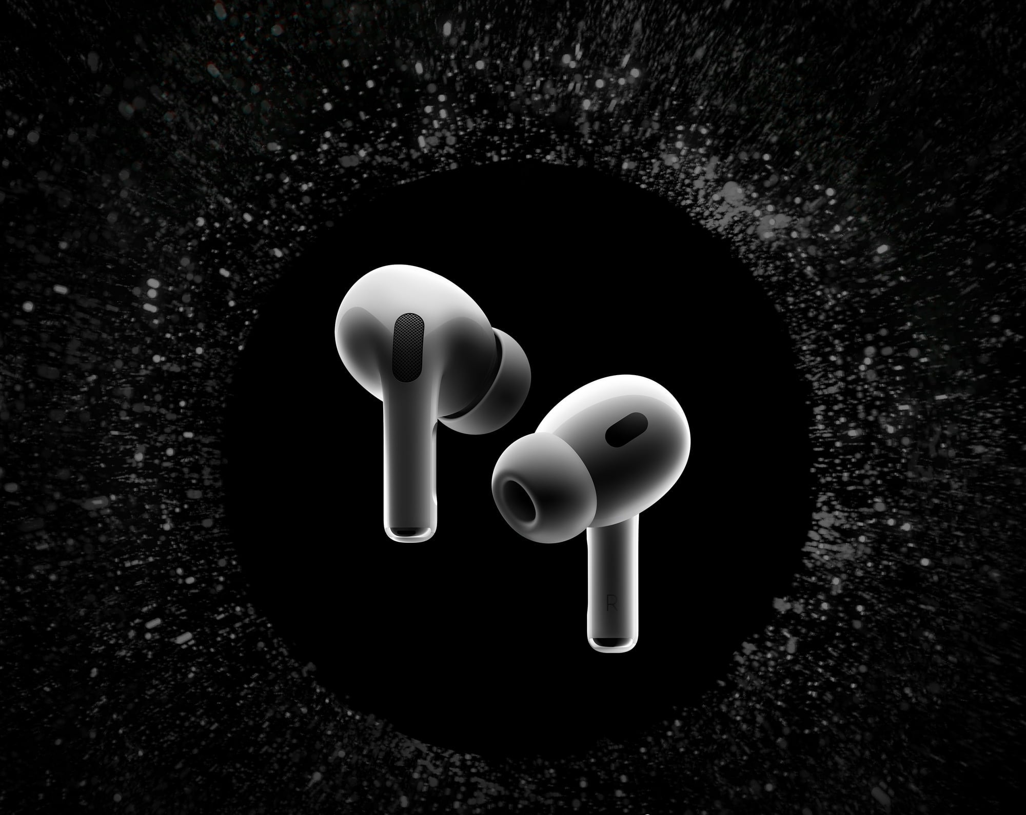 Earbuds with extended tips in space-like backdrop. Text: "Pro-level Active Noise Cancellation."