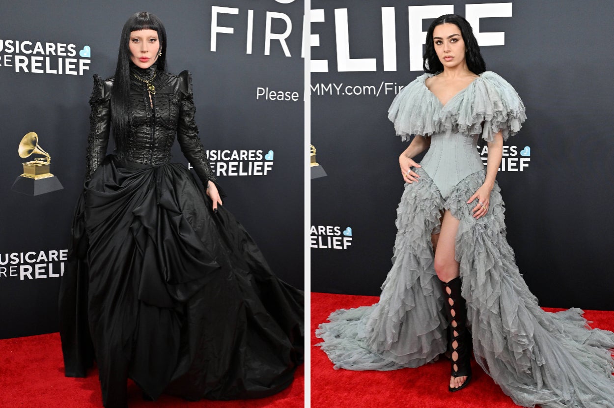Split image of Lady Gaga and Charli XCX at the 2025 Grammys.