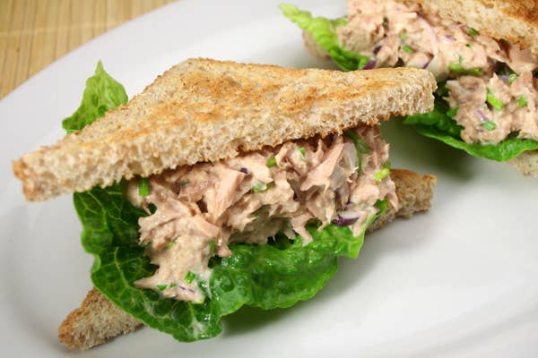 Two tuna salad sandwiches with lettuce on toasted bread, placed on a white plate