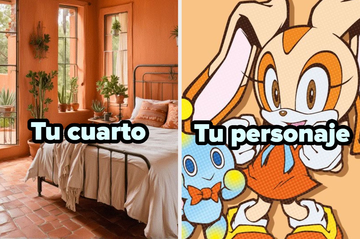 Izquierda: Habitación acogedora con plantas. Derecha: Personaje animado en pose alegre con sus brazos abiertos. Texto: "Tu cuarto" y "Tu personaje"