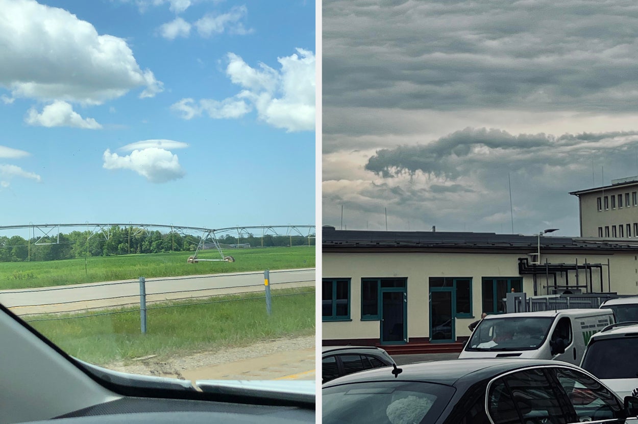 Split image: Left side shows a field with clouds resembling a UFO. Right side shows a building under a cloudy sky, also with UFO-like clouds