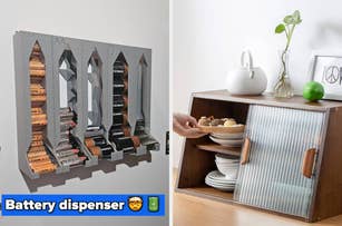 Battery dispenser mounted on the wall; model placing dish in cabinet