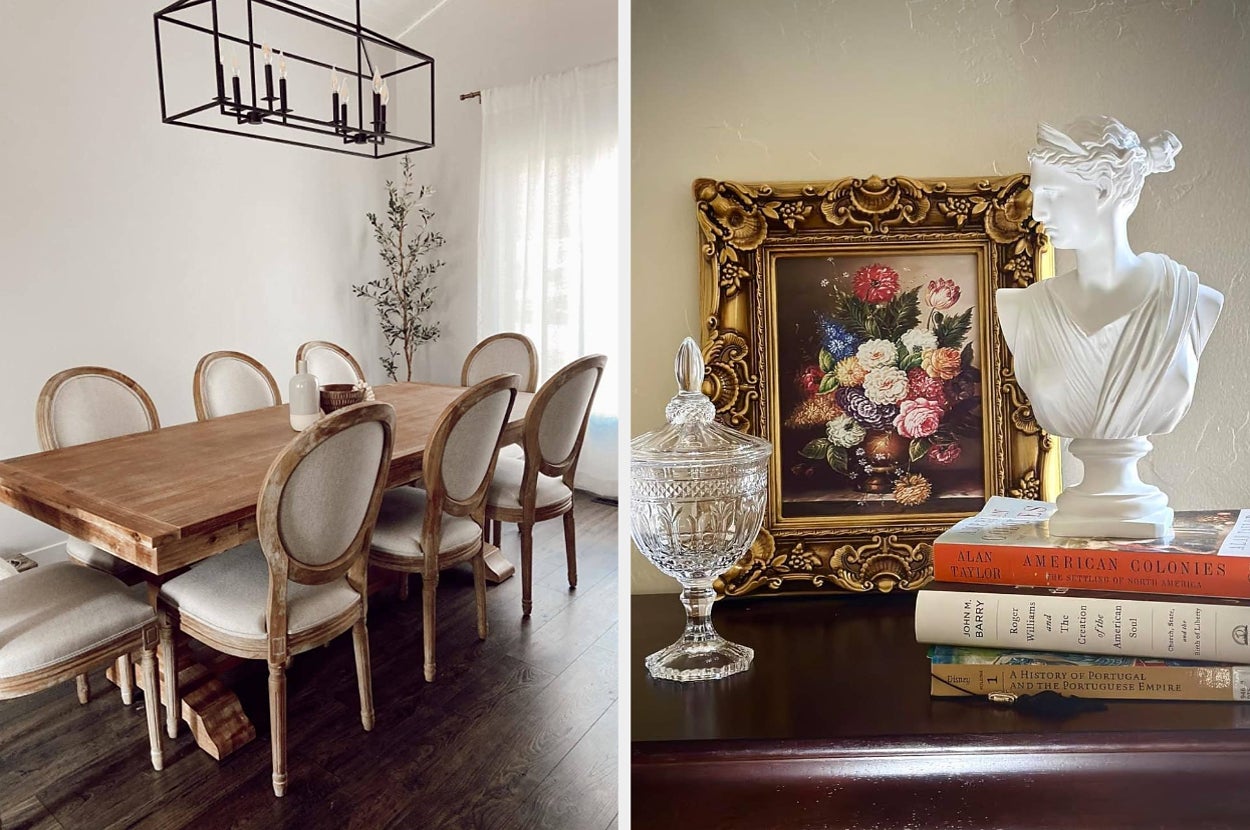 left: Elegant dining area with a wooden table and classic-style chairs. right: a decorative setup, including books and a bust, on a shelf
