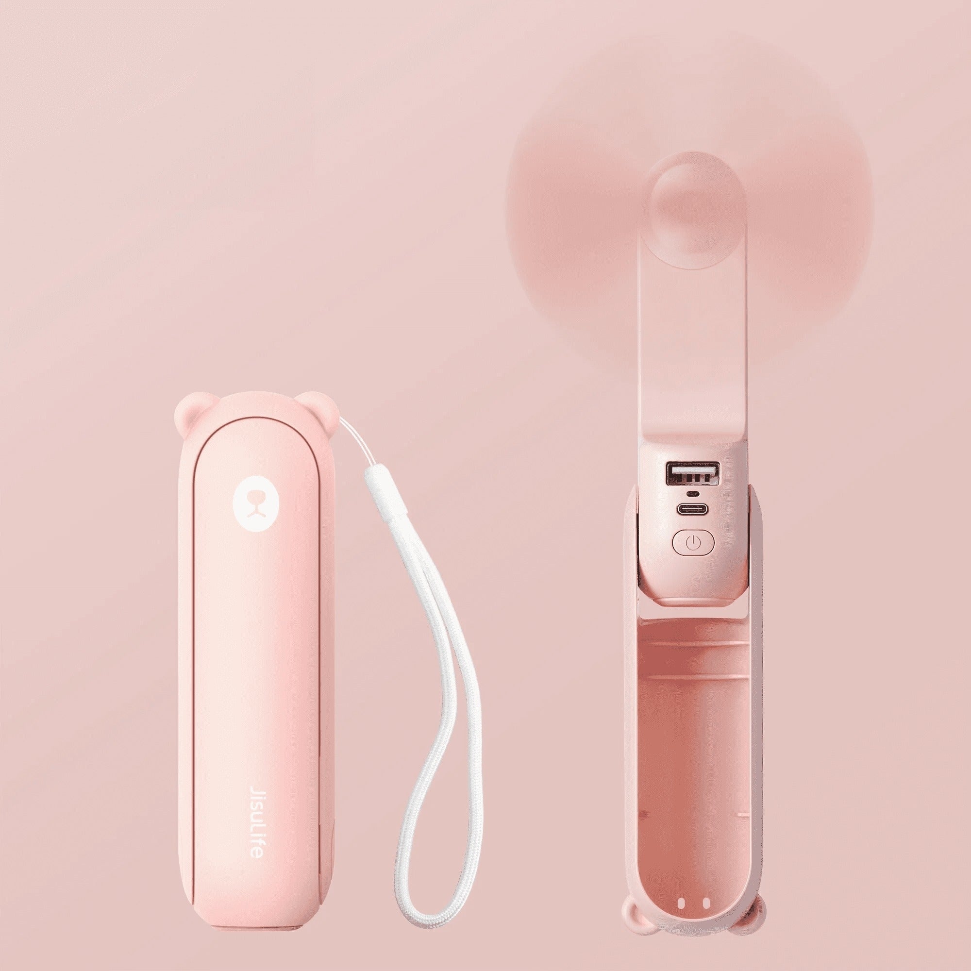 Portable handheld instrumentality   with USB charging larboard  and wrist strap, shown unfastened  and closed, perfect  for on-the-go cooling