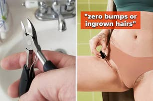Left image: reviewer holding podiatrist toenail clippers. Right image: model applying oil to bikini line with text "zero bumps or ingrown hairs." Image associated with personal care shopping