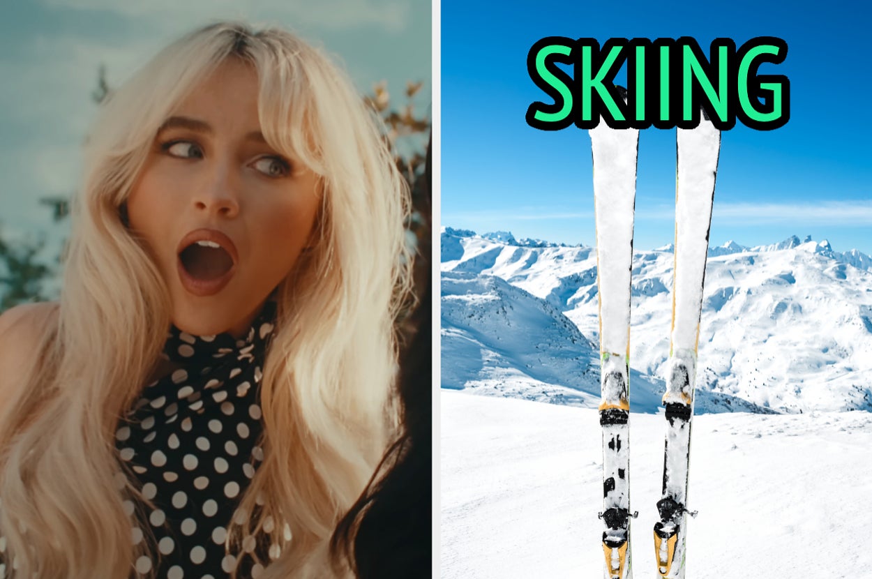 On the left, Sabrina Carpenter opening her mouth wide in surprise in the Taste music video, and on the right, skis on a snowy mountain labeled skiing