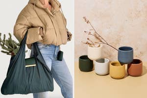 Person in a puffer jacket holds a reusable shopping bag; next to them, a display of stylish ceramic planters in various shapes and sizes