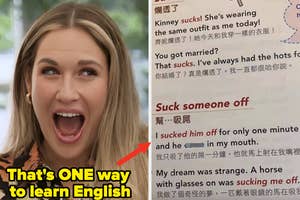 Woman looking surprised next to a humorous English learning book page with unconventional phrases. Caption reads: "That's ONE way to learn English."