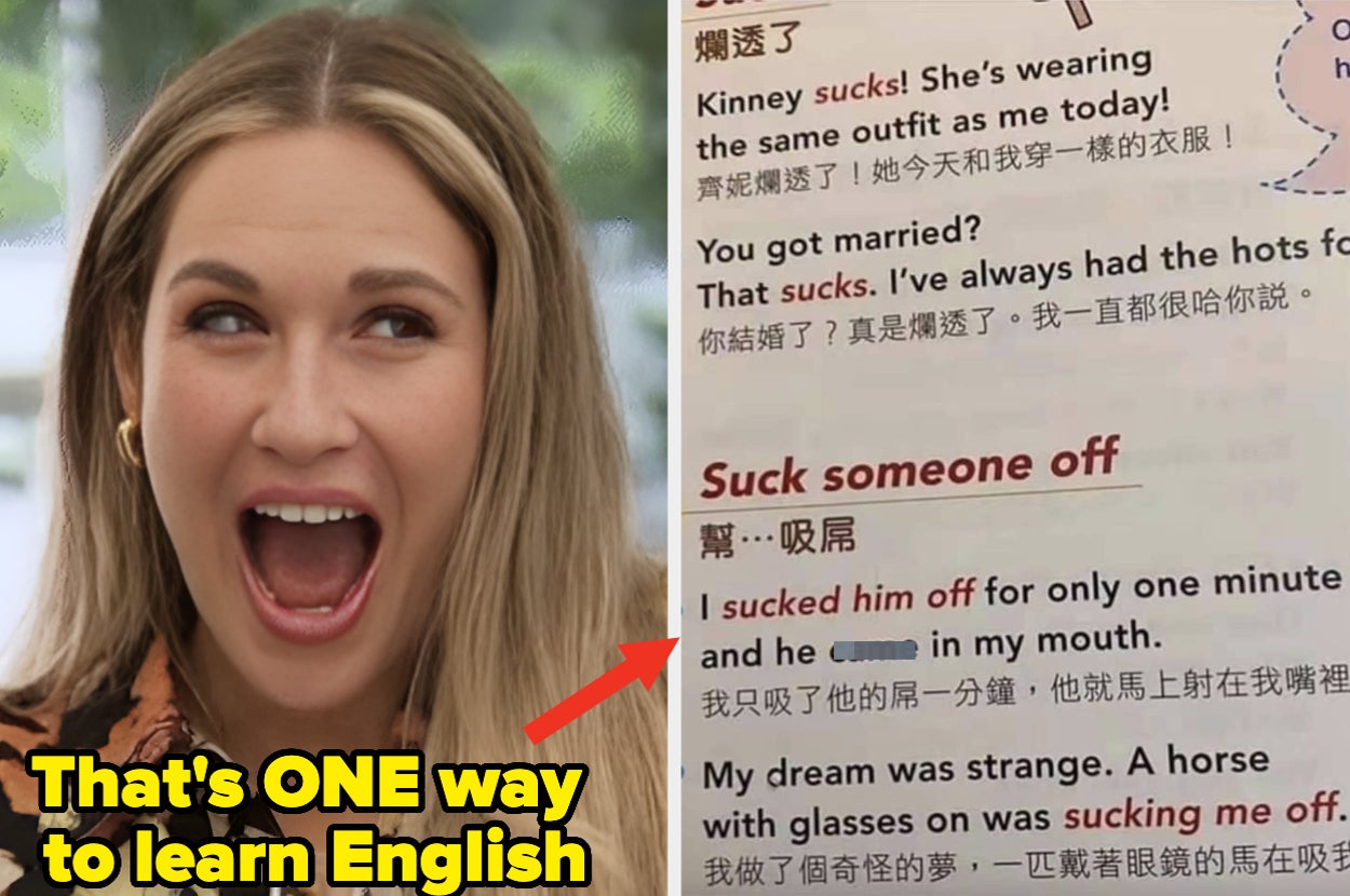 Woman looking surprised next to a humorous English learning book page with unconventional phrases. Caption reads: "That's ONE way to learn English."