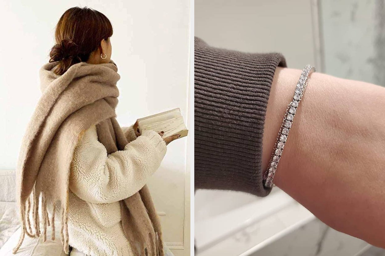 Person in cozy winter clothing holding a book; close-up of a wrist with a delicate, sparkling bracelet
