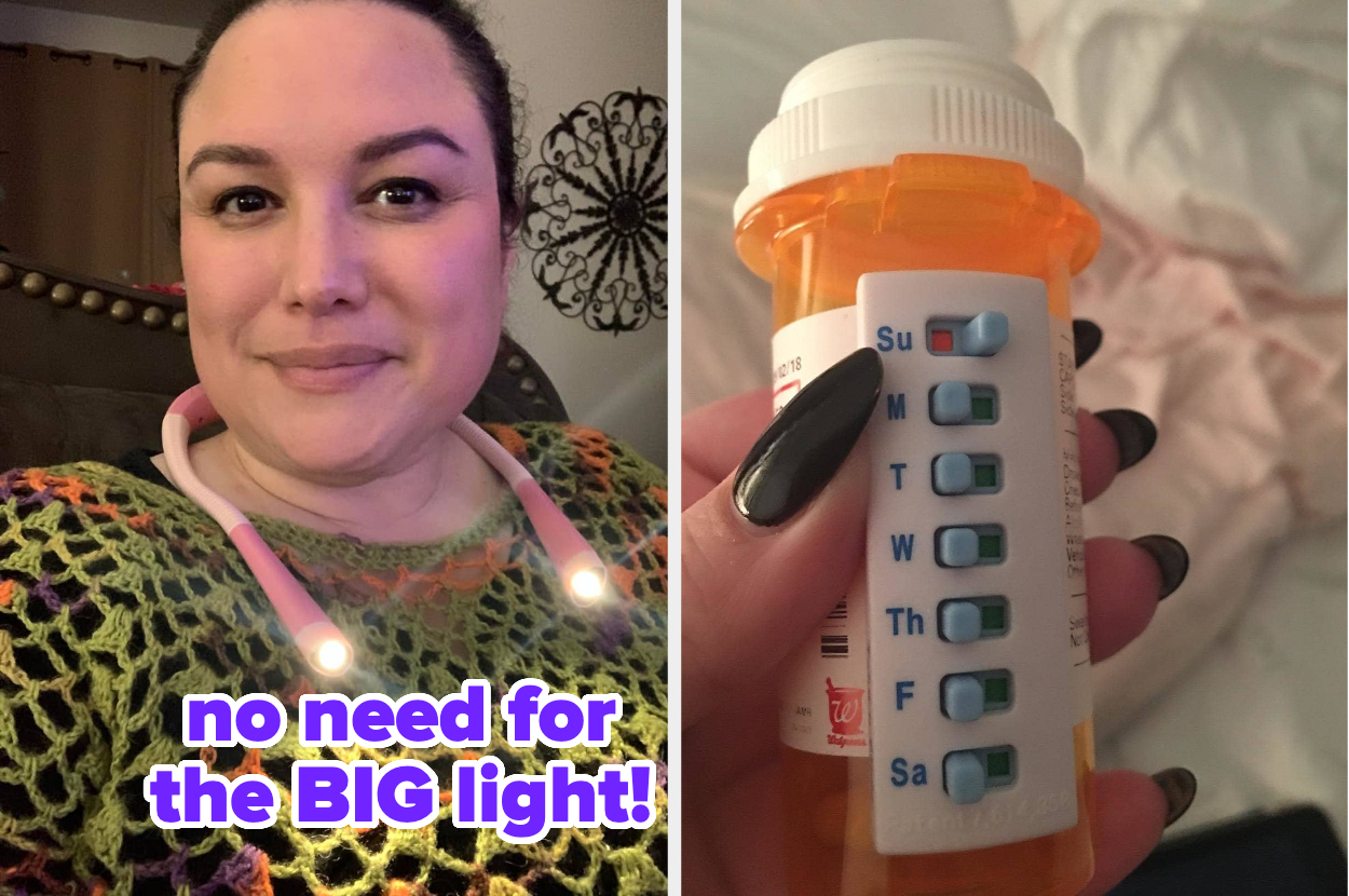 reviewer wearing a neck light; reviewer holding a pill organizer showing the daily tracker
