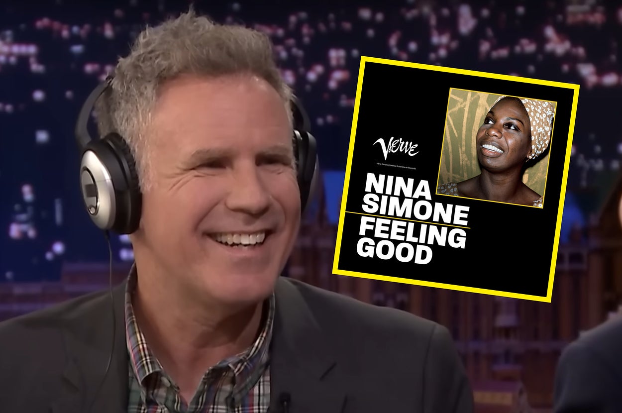 Will Ferrell smiling wearing headphones, with an inset showing an album cover for "Nina Simone Feeling Good" by Verve above them