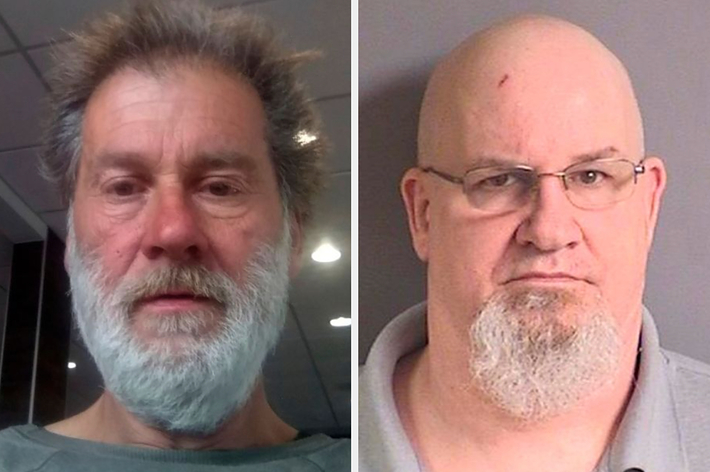 2人の男性の顔写真。左の男性は無精ひげと乱れた髪、右の男性は丸刈りと短いあごひげ。