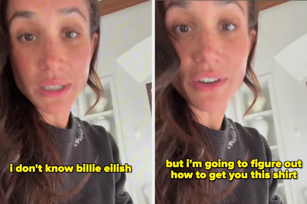 Person in a casual sweater, speaking in two panels. Text: "I don't know Billie Eilish but I'm going to figure out how to get you this shirt."