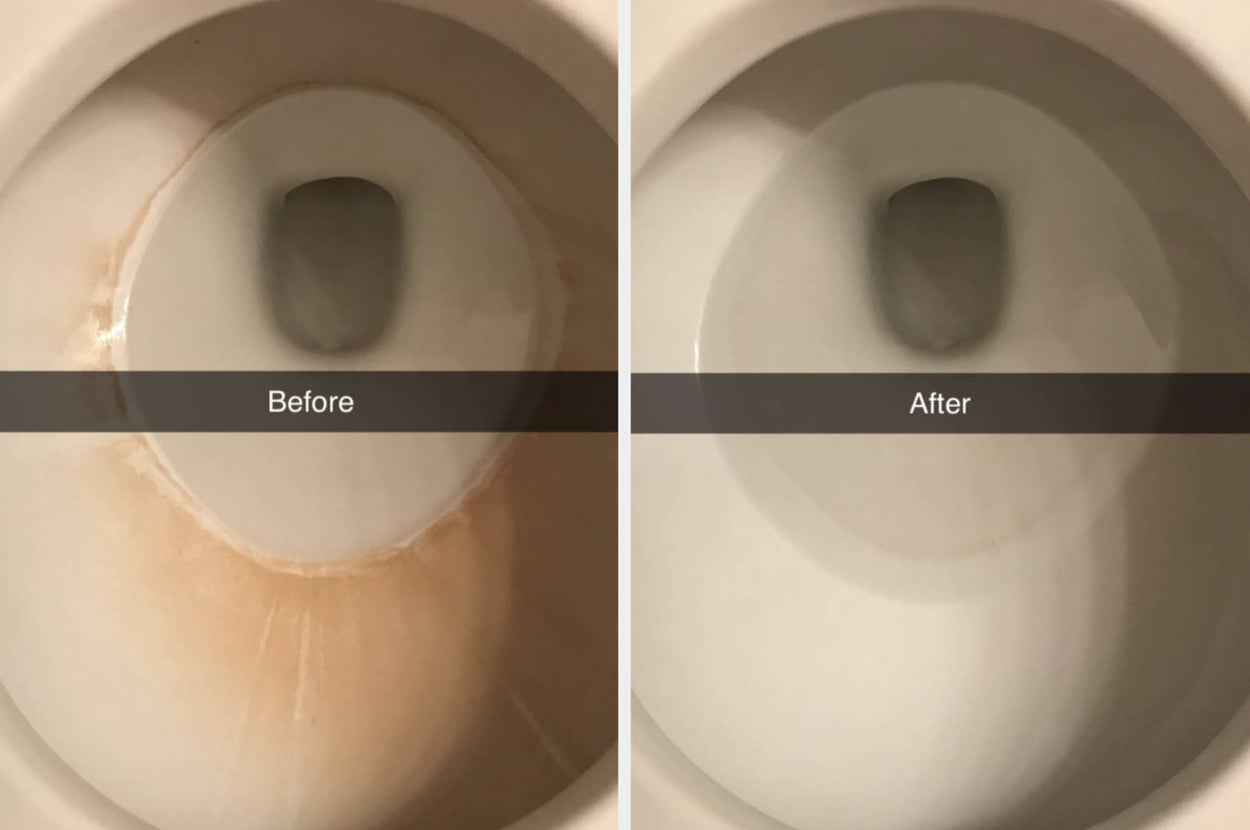 Before/after image showing toilet cleaning results; left: stained toilet bowl, right: clean toilet bowl