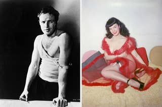 Black and white photo of a man in a tank top, next to a retro-style photo of a woman in a ruffled dress