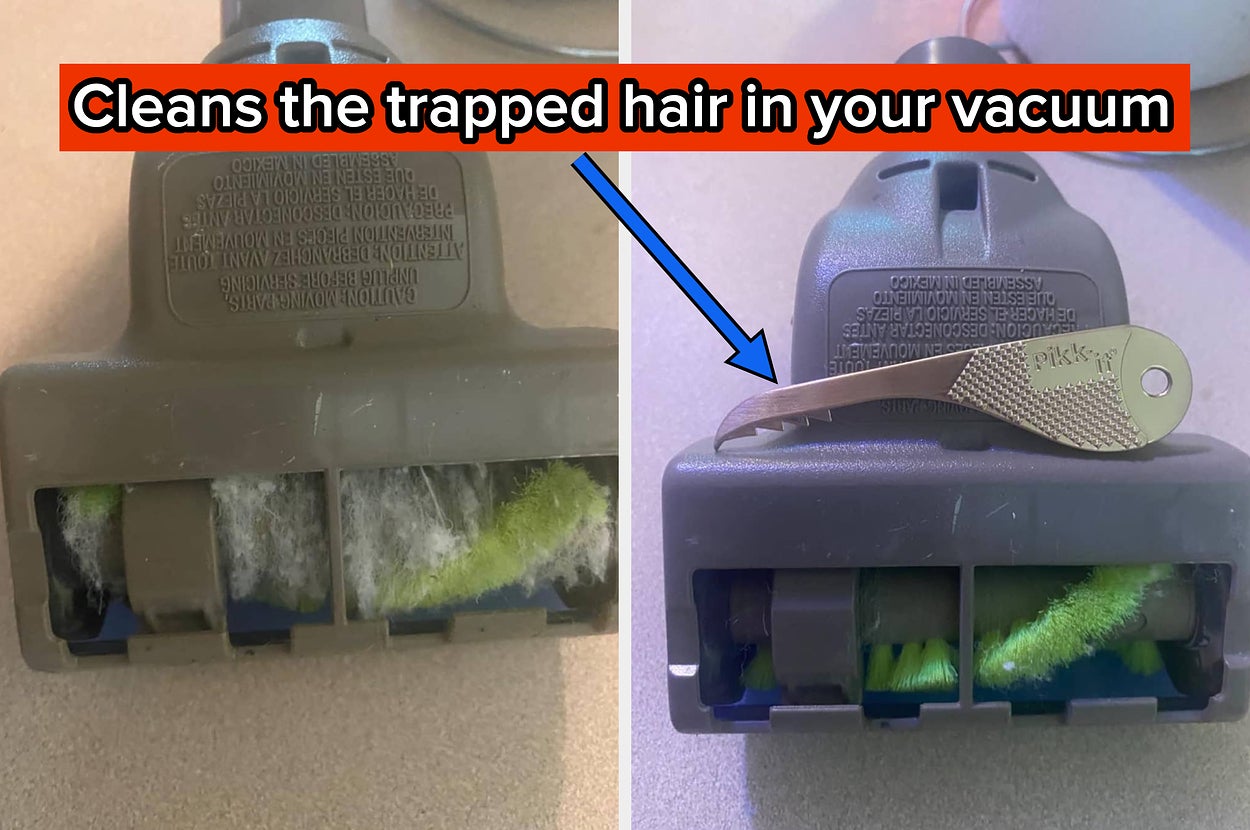 Reviewer's vacuum head before and after using hair removing tool