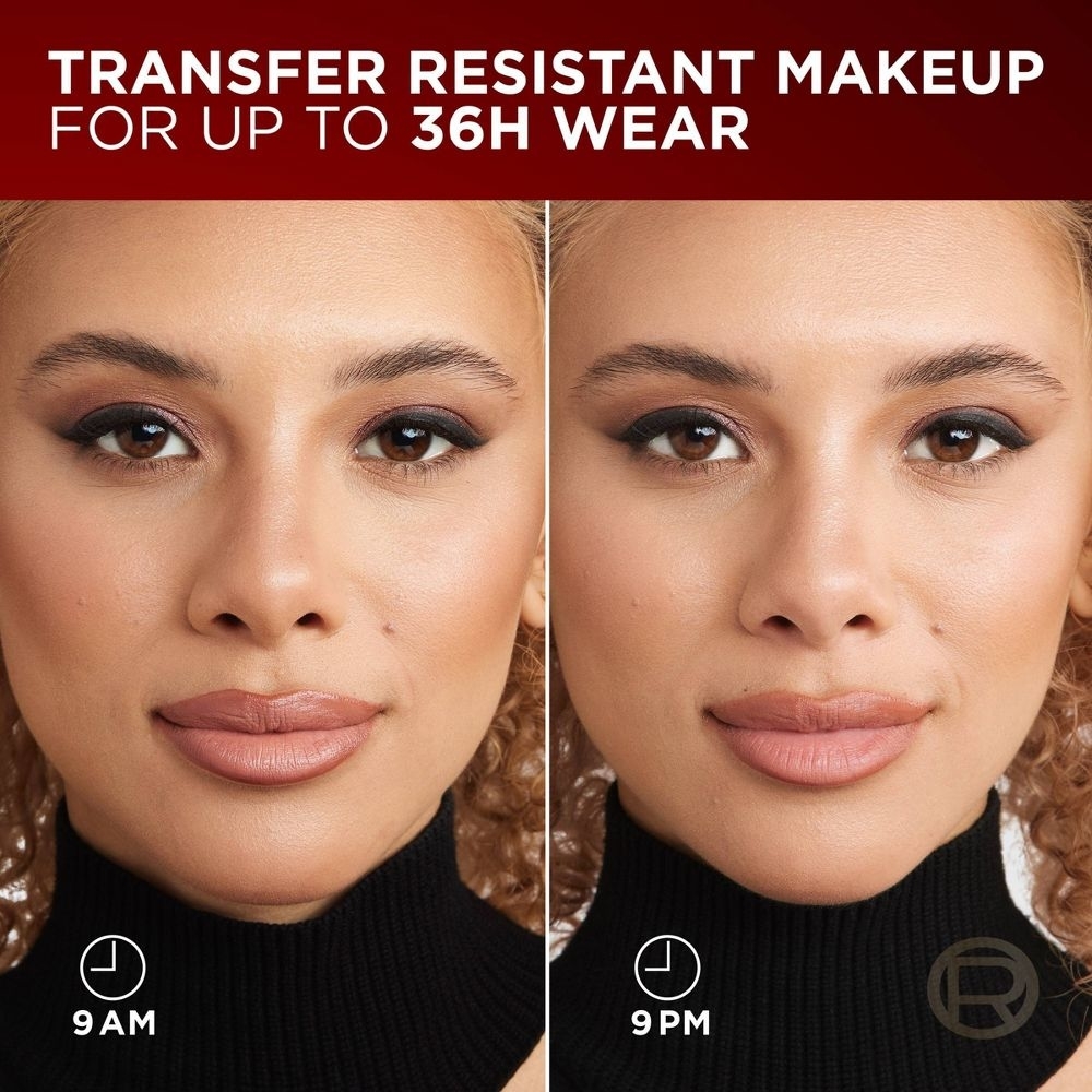 Before-and-after image showing makeup's long-lasting effect from 9 AM to 9 PM, highlighting transfer resistance for up to 36 hours