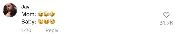 Comment shows emojis: Mom laughing and baby surprised
