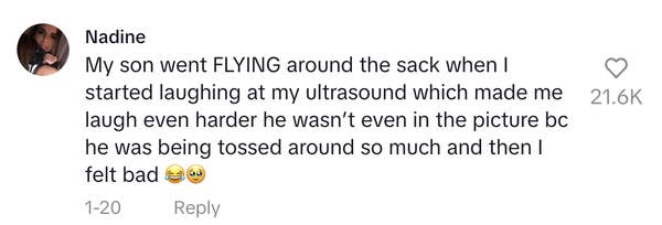 Comment about someone&#x27;s son being playful and the writer laughing at an ultrasound, leading to feelings of guilt