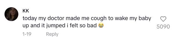 Comment about a doctor making someone cough to wake their baby, resulting in the baby jumping. The commenter feels bad about it