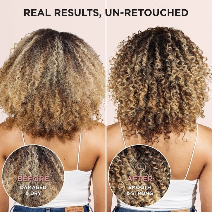 Split image showing hair before and after treatment: "Before" appears damaged, "After" appears smooth and strong. Text reads: "Real Results, Un-retouched."