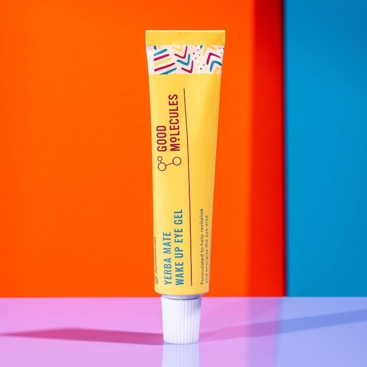 Tube of Good Molecules Yerba Mate Wake Up Eye Gel displayed upright on a vibrant background