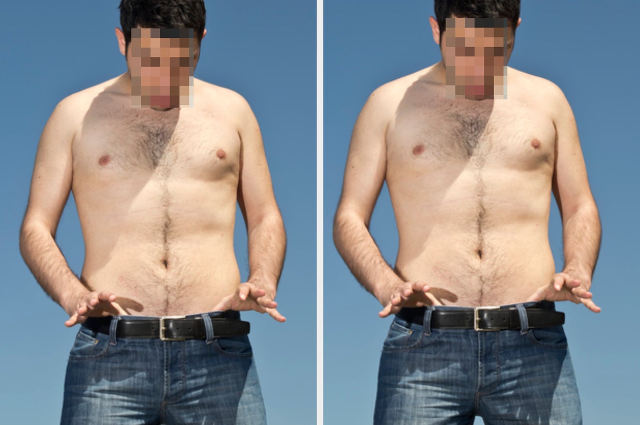 Split image of a man in jeans, surprised by his waistline in both photos, suggesting a humorous take on body perception