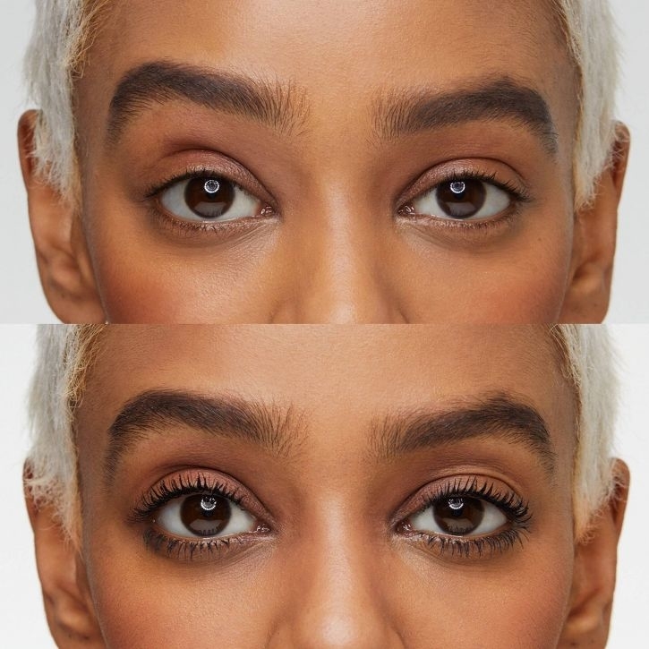 Close-up of a person's eyes showing a comparison of eyelashes with and without mascara