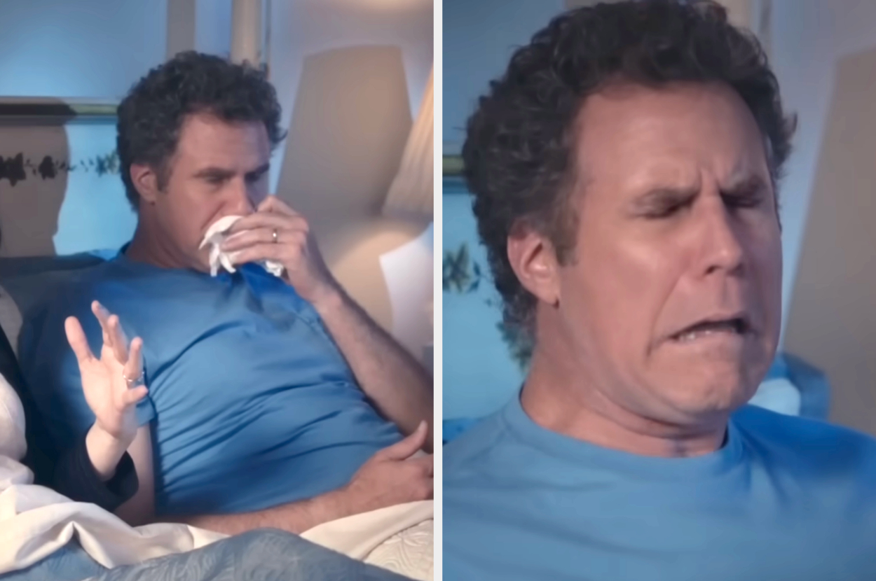 Will Ferrell sneezing and covering nose with tissue while sitting in bed, expressing discomfort
