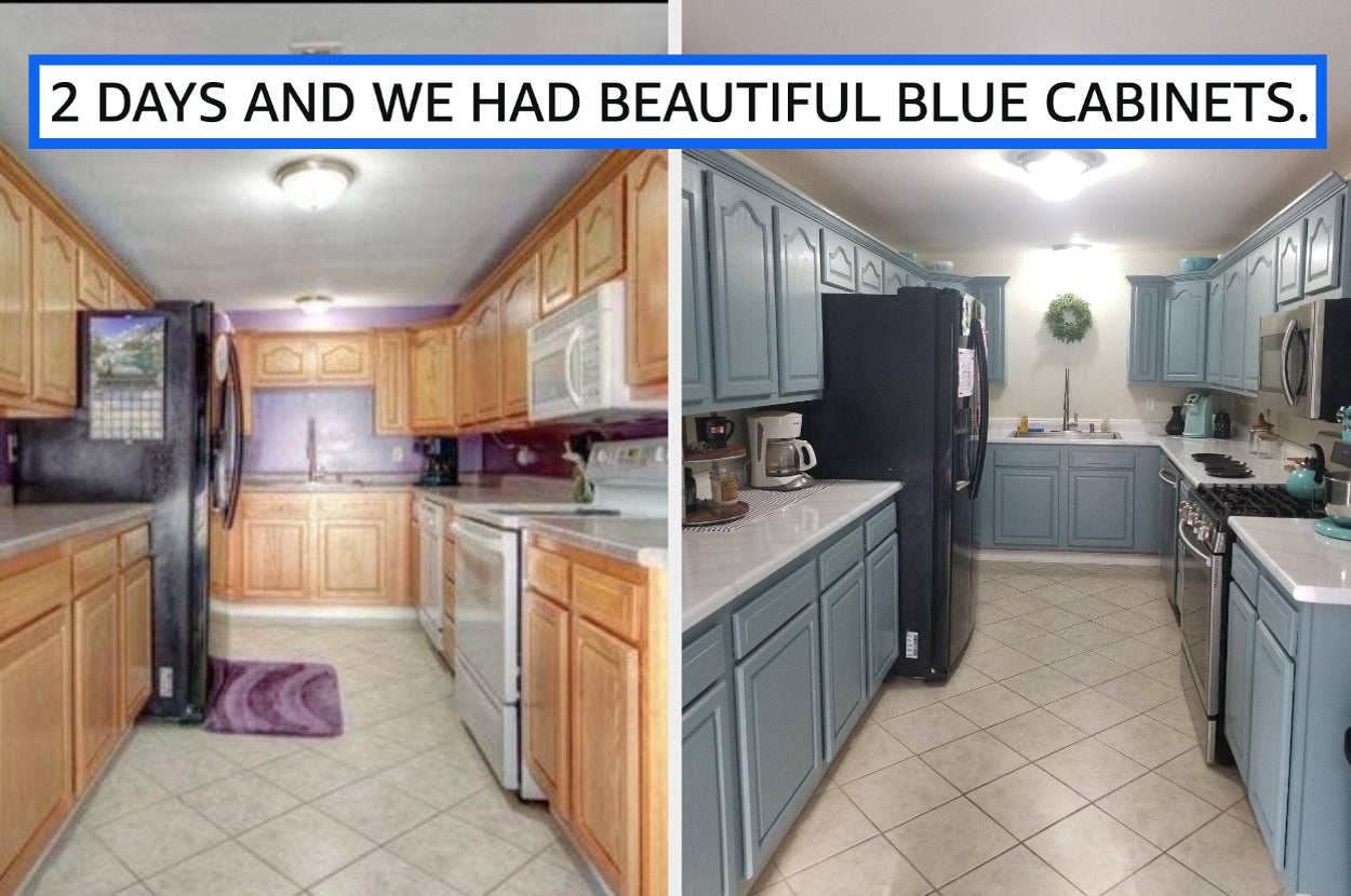Reviewer's kitchen before and after using cabinet paint kit