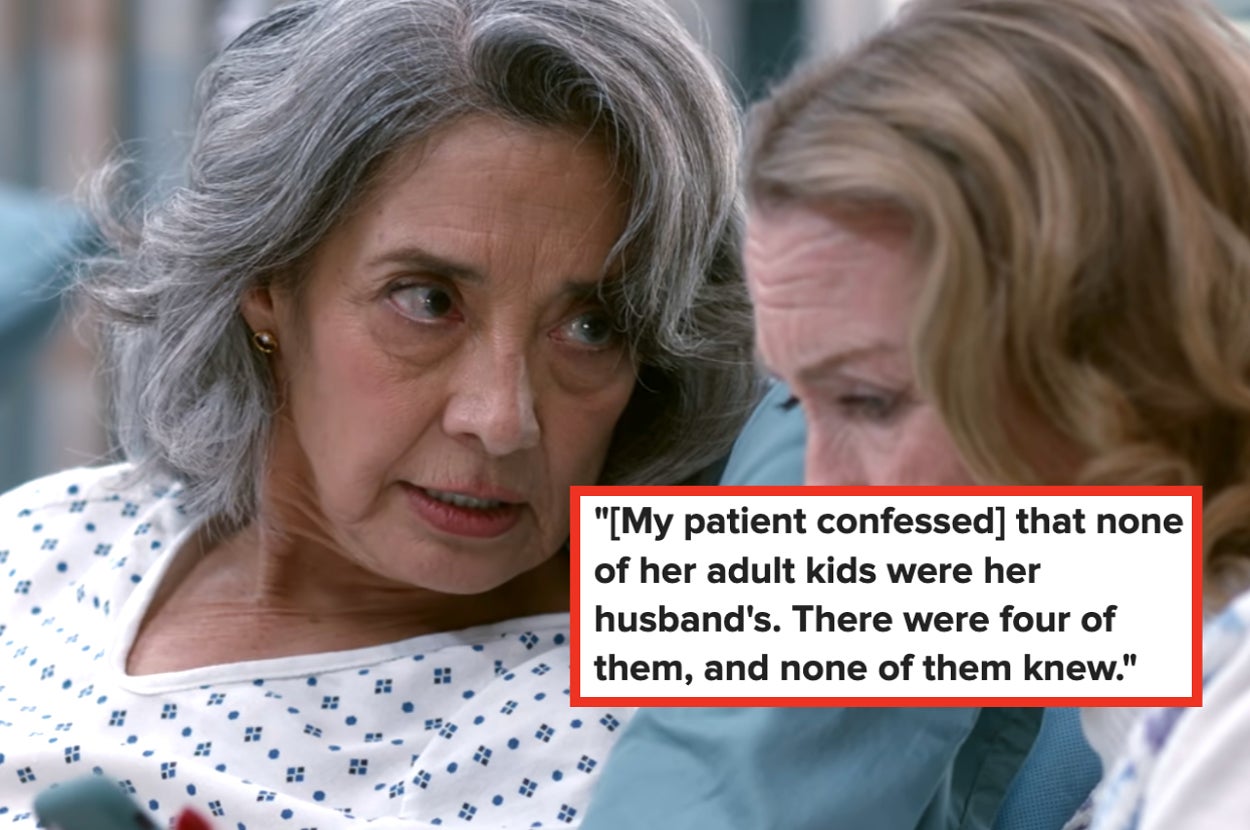 Two women converse closely. Highlighted text reads: "[My patient confessed] that none of her adult kids were her husband's. There were four of them, and none of them knew."