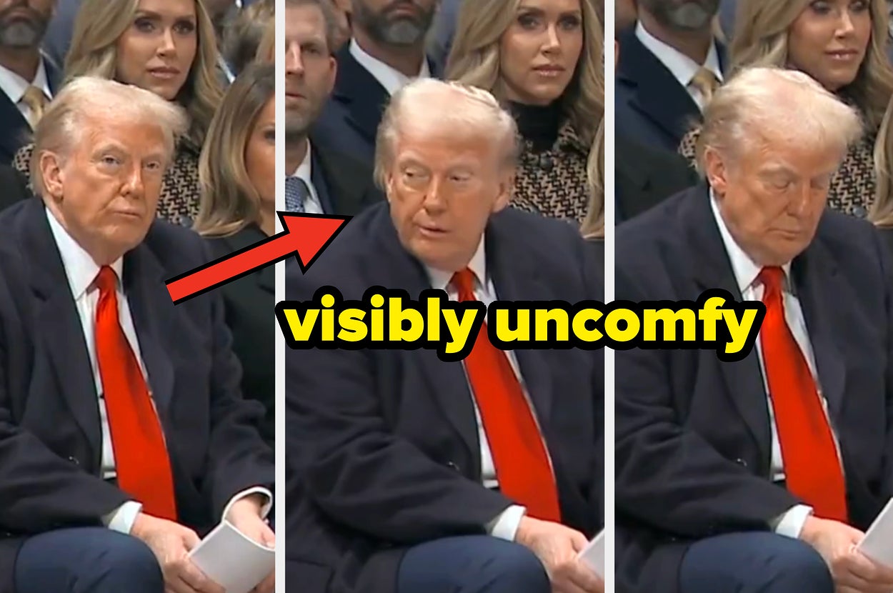 A man in a suit with a red tie is seated and looking in different directions, among a crowd, in the triptych photo