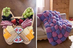 Left: Charcuterie board with cheeses, fruits, and meats. Right: Plush, braided purple and pink blanket draped over a couch