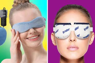 Two models wearing different branded eye masks.