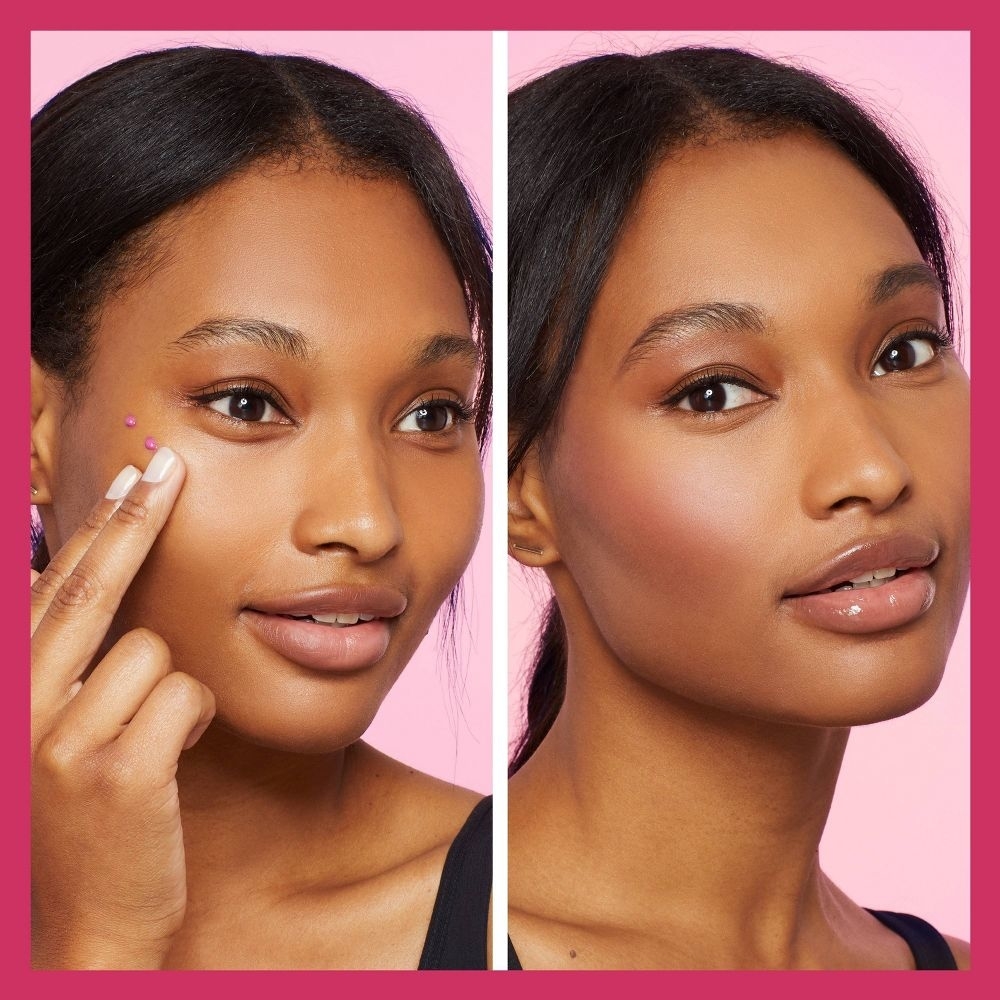 Model applying and modeling blush; skincare and makeup focus