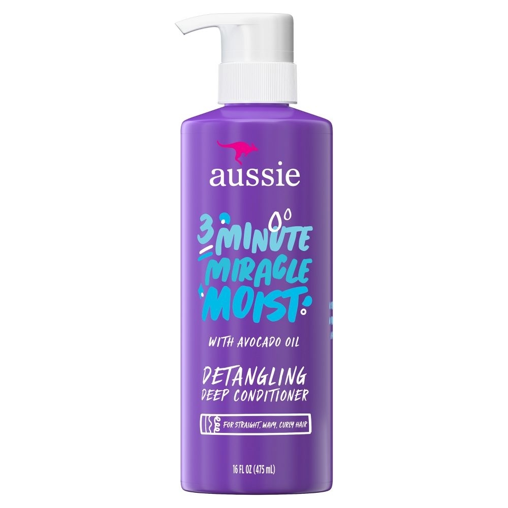 Aussie 3 Minute Miracle Moist Detangling Conditioner bottle with avocado oil for straight, wavy, or curly hair, 16 fl oz
