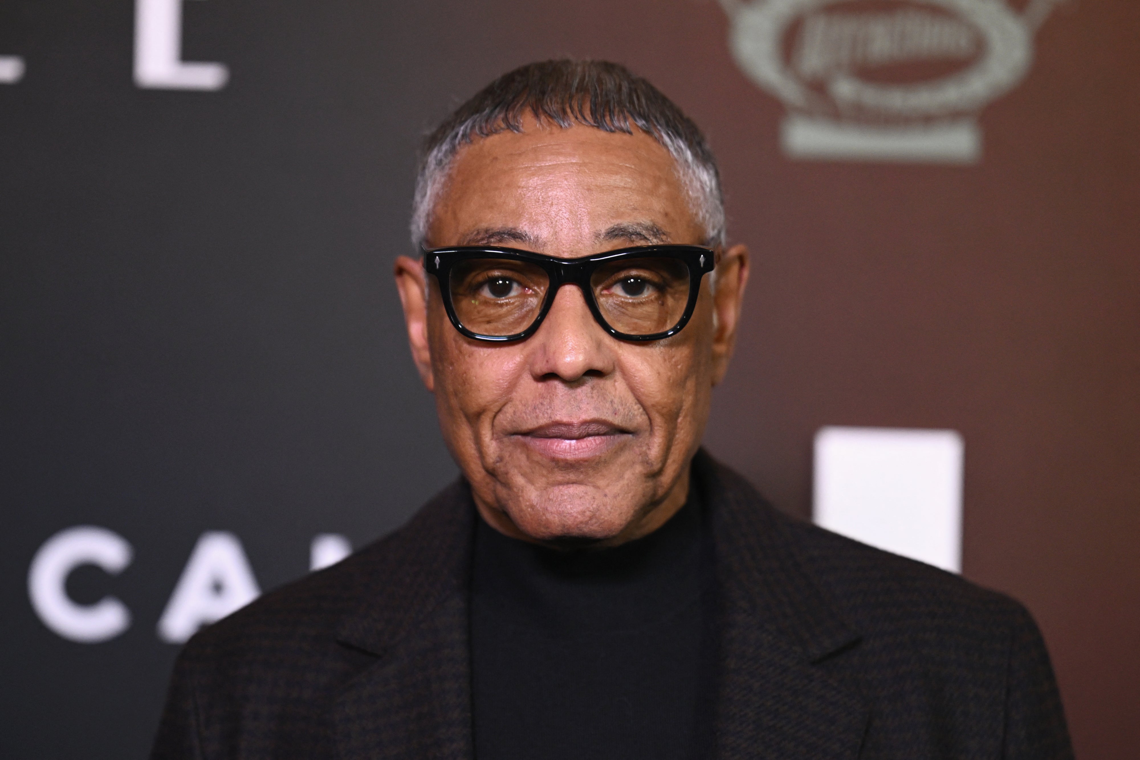Person wearing glasses and a formal dark outfit, standing in front of a backdrop with logos at what appears to be a public event