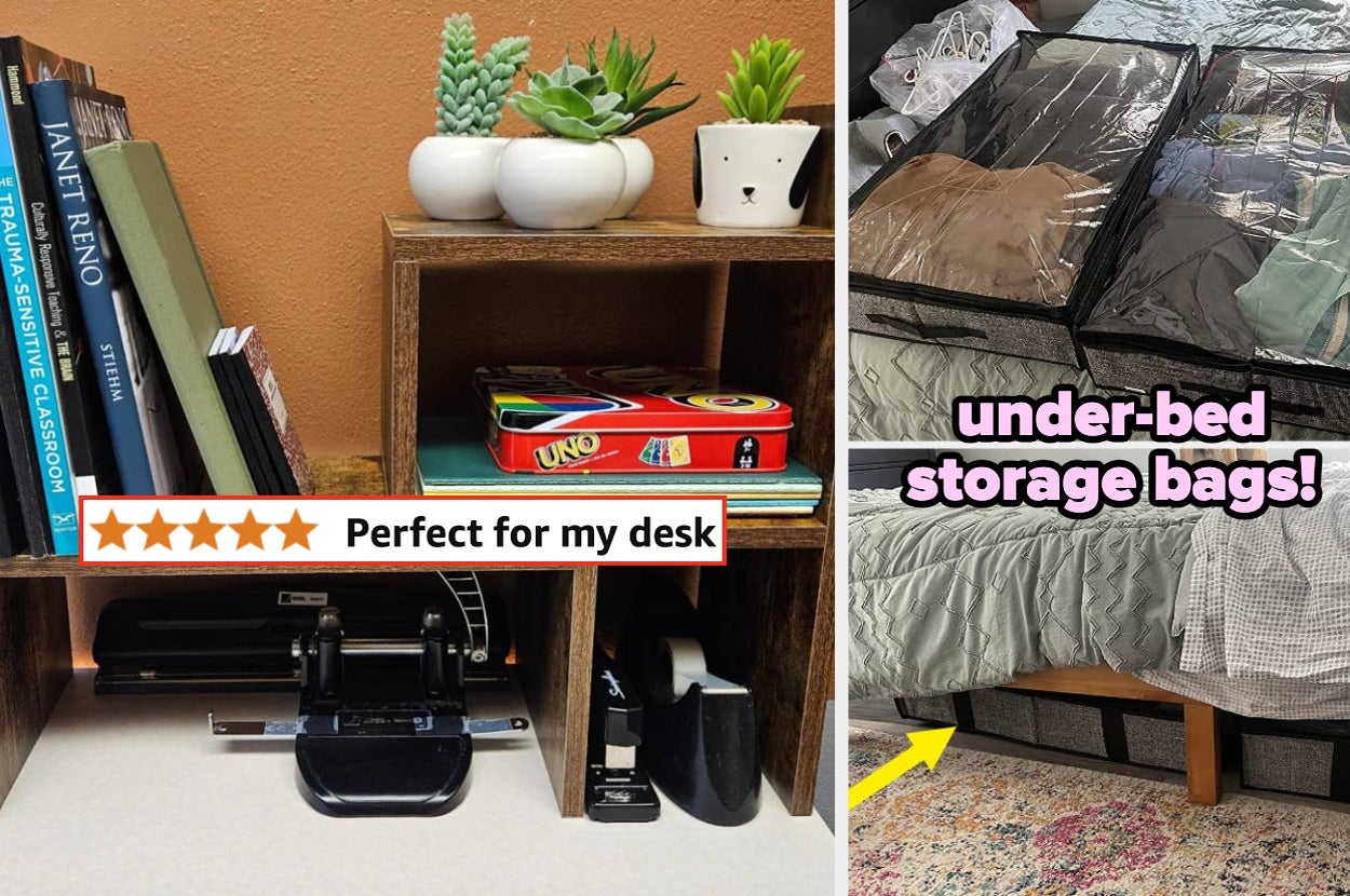 Desk organizer with books, plants, hole punch, and card games; under-bed storage bags with clothing as decluttering solutions