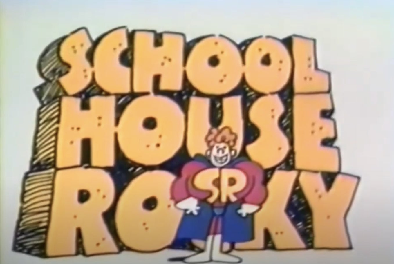 Cartoon character in superhero costume stands in front of large, stylized "School House Rock!" text