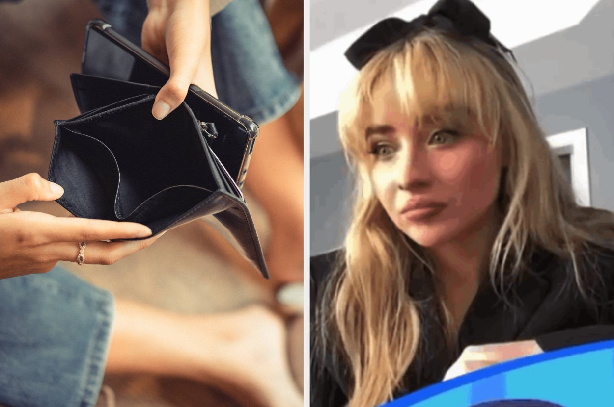 Person holding empty wallet; woman with long hair, wearing a bow, appears surprised