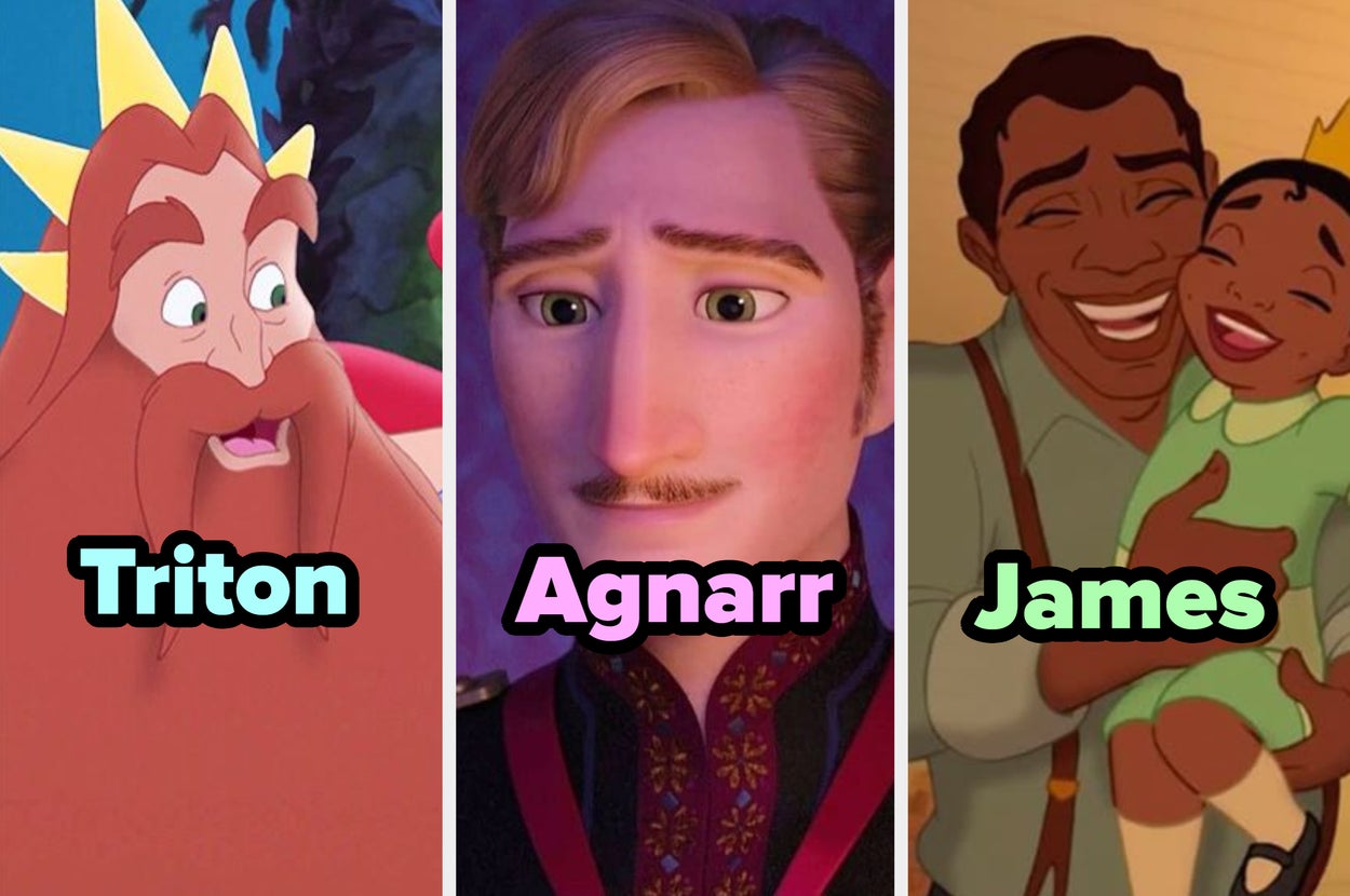 Personajes animados de películas de Disney: Tritón, un príncipe y un padre abrazando a su hija con disfraces inspirados en cuentos de hadas